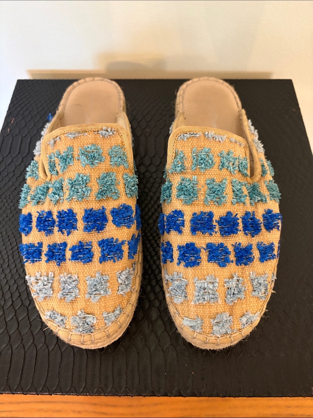 Raffia Woven Slip-On Mules with Blue & Teal Tufted Squares